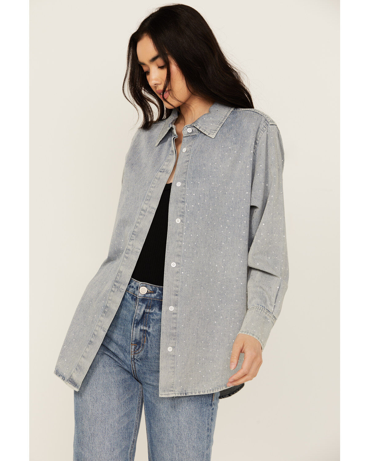 Blue B Women's Light Wash Rhinestone Long Sleeve Button-Down Denim Shirt