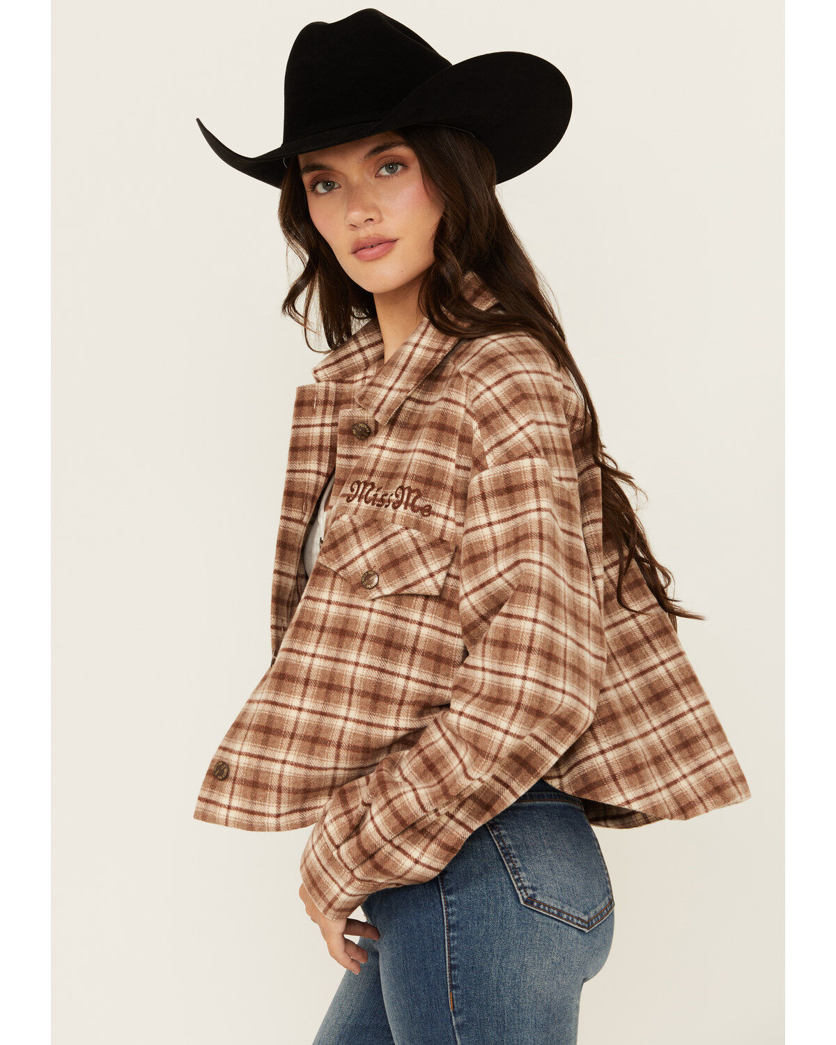 Miss Me Women's Plaid Print Button-Down Cropped Shacket