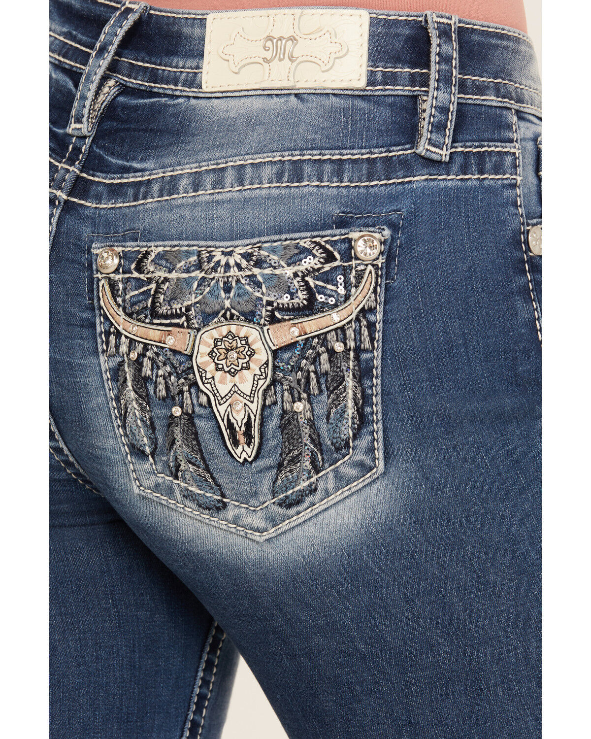 Miss Me Women's Medium Wash Mid Rise Steer Head Bootcut Stretch Denim Jeans