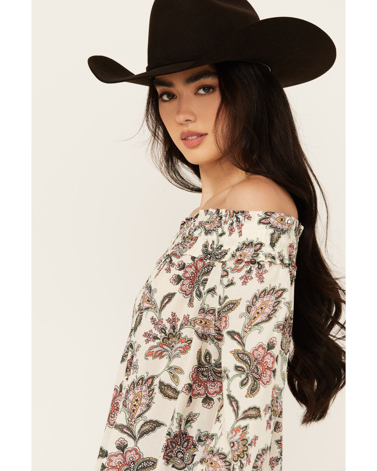 Wild Moss Women's Floral Print Long Sleeve Off The Shoulder Shirt