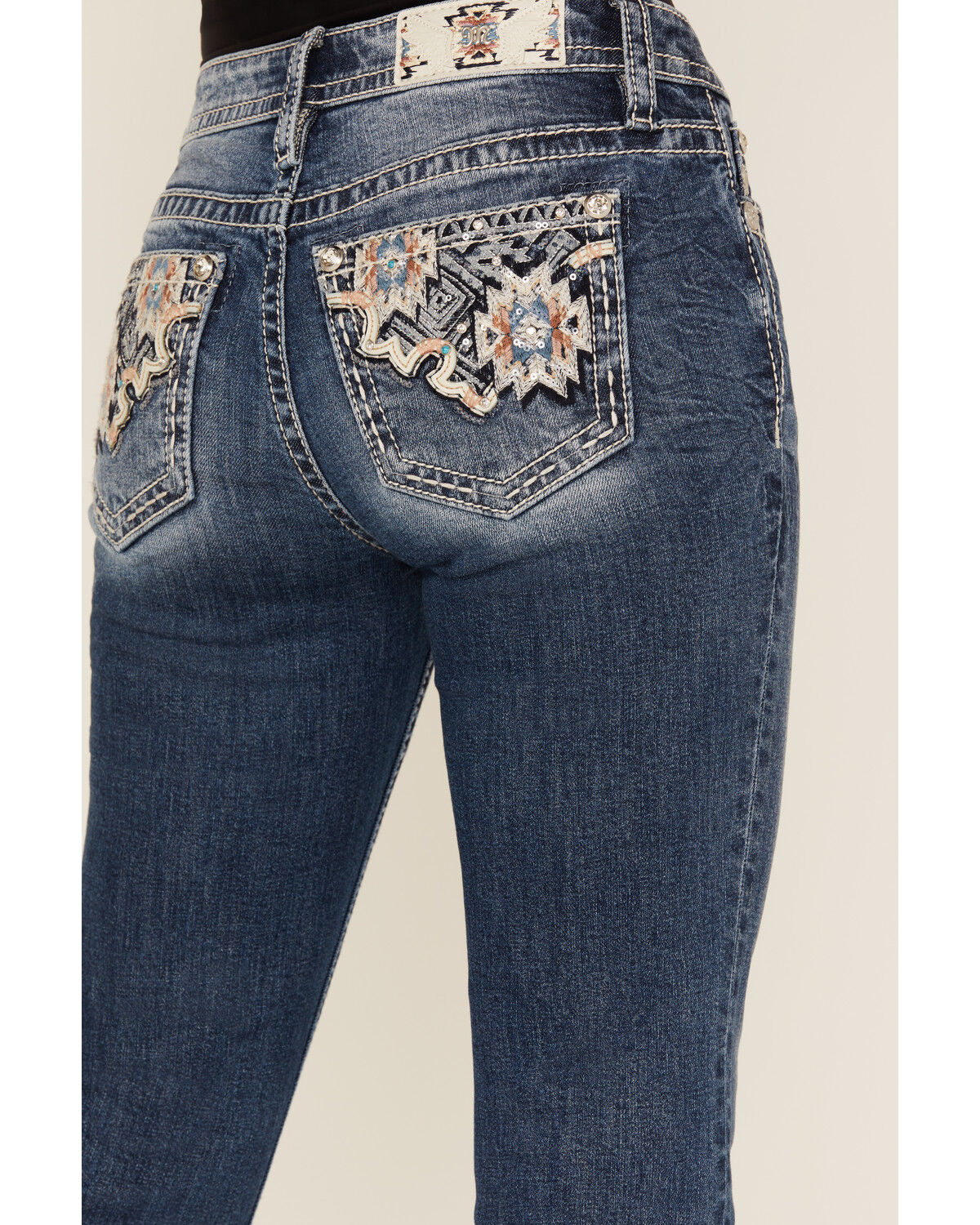 Miss Me Women's Medium Wash Mid Rise Geo Pocket Bootcut Stretch Denim Jeans