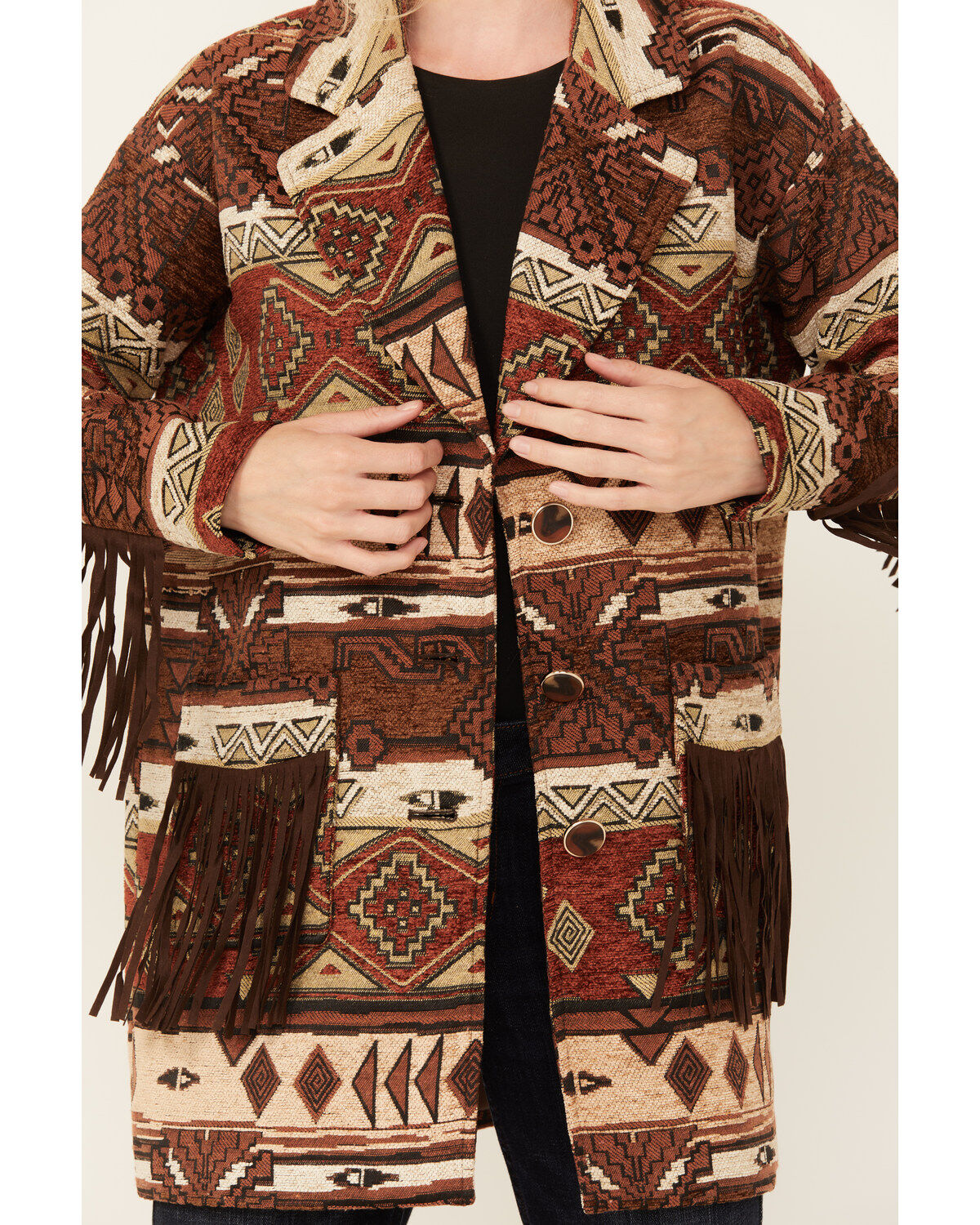 Shyanne Women's Tribal Tapestry Fringe Coat
