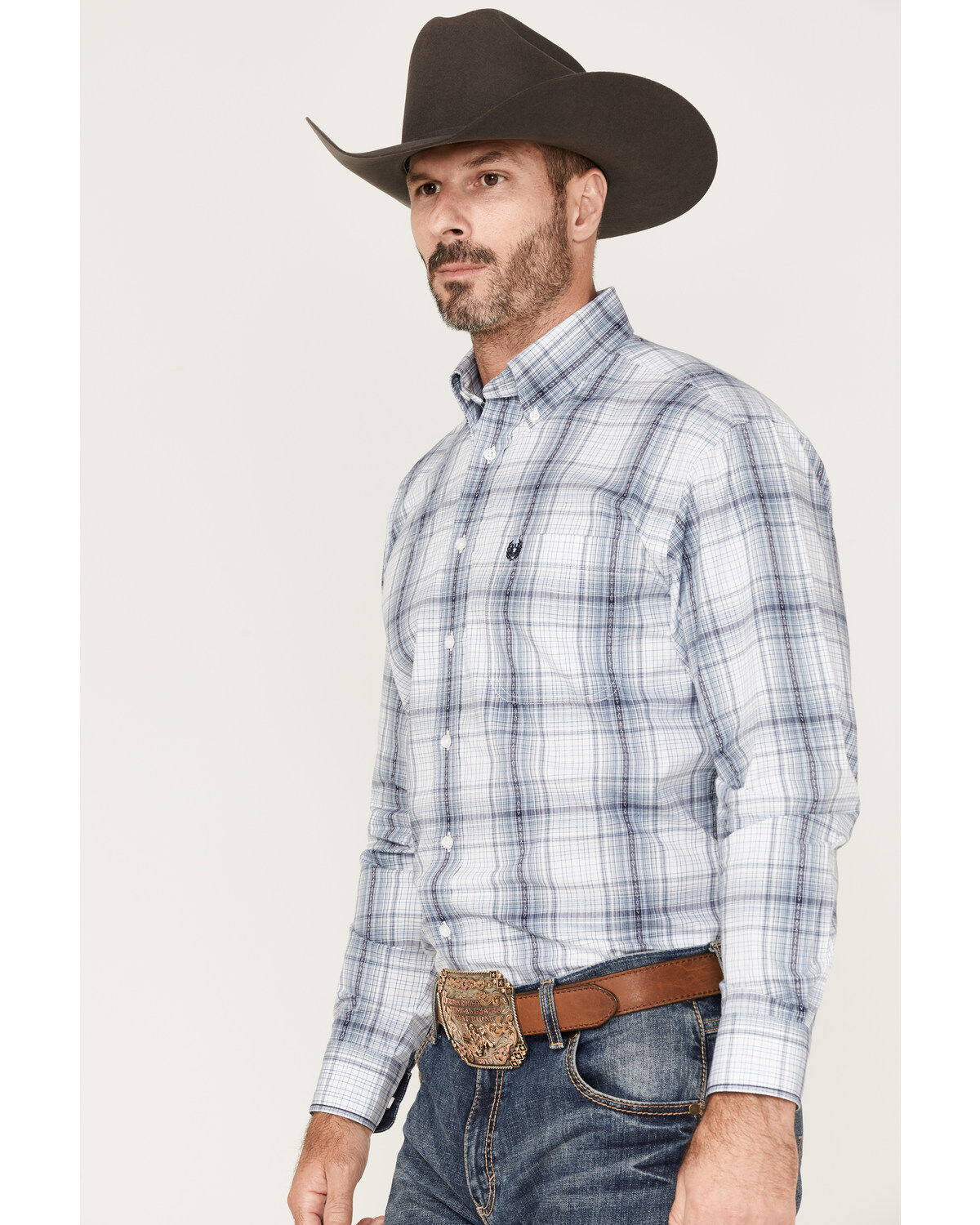 Rough Stock by Panhandle Men's Dobby Plaid Print Long Sleeve Button Down Shirt