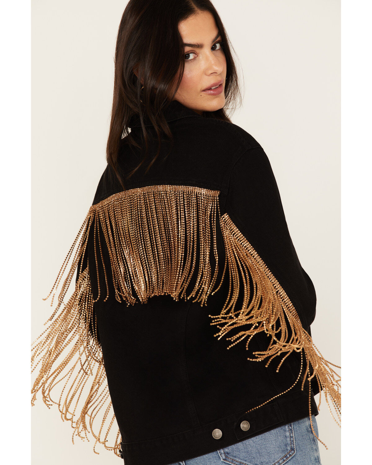 The Harley Jacket by DanielXDiamond: Women's Black Denim Jacket with Gold Fringe