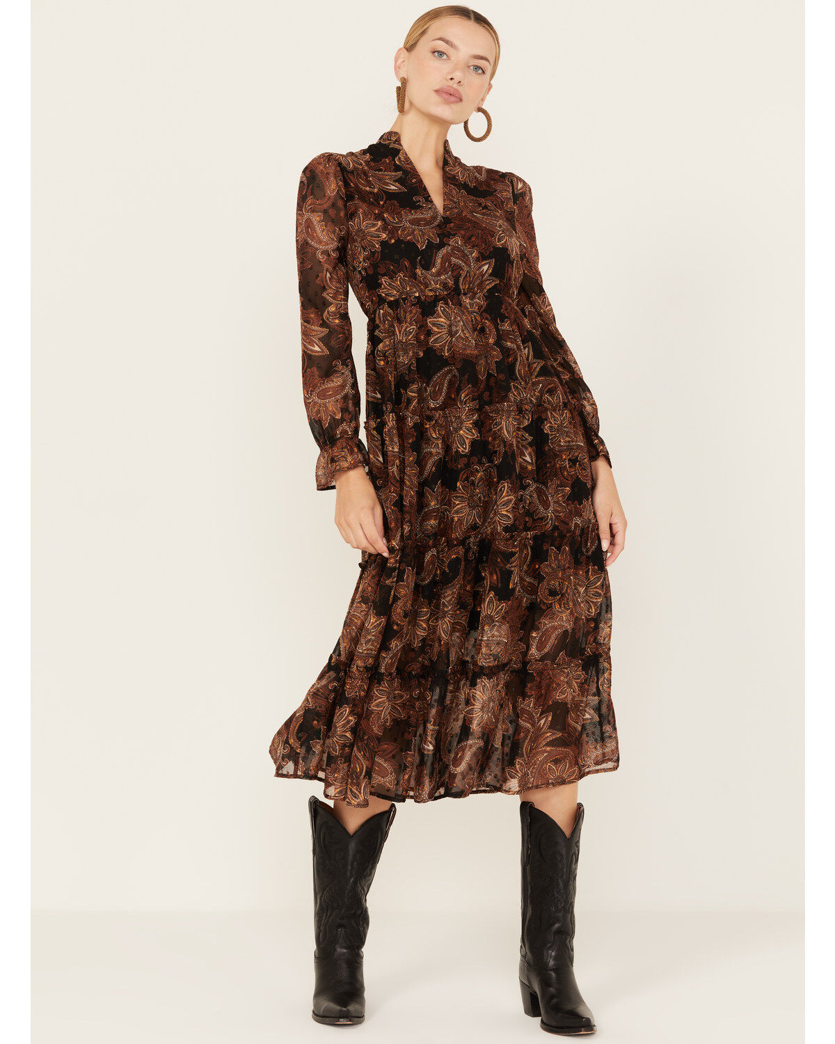 Wild Moss Women's Floral Pais Print Long Sleeve Midi Dress