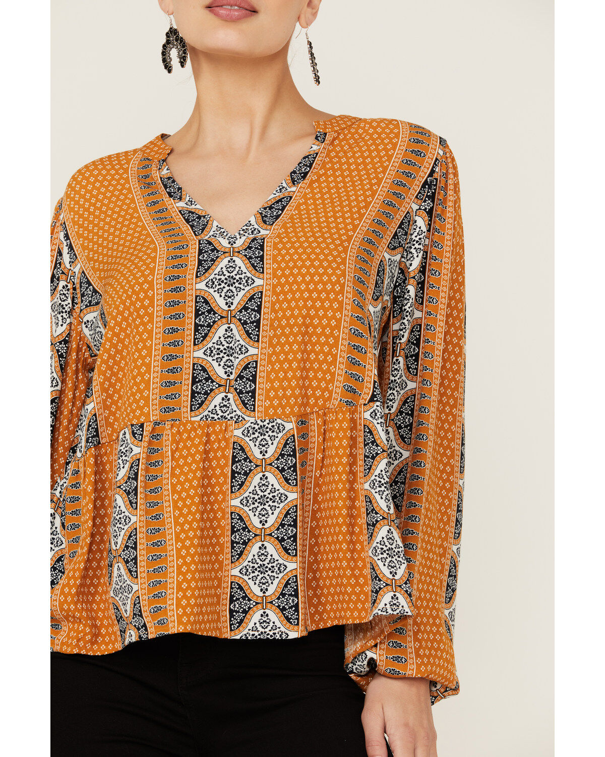 Wrangler Retro Women's Split Neck Peplum Print Mustard Peasant Top