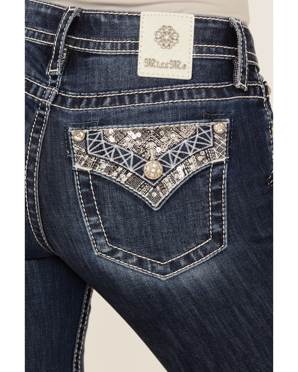 Miss Me Women's Dark Wash Mid Rise Faux Flap Pocket Bootcut Stretch Denim Jeans