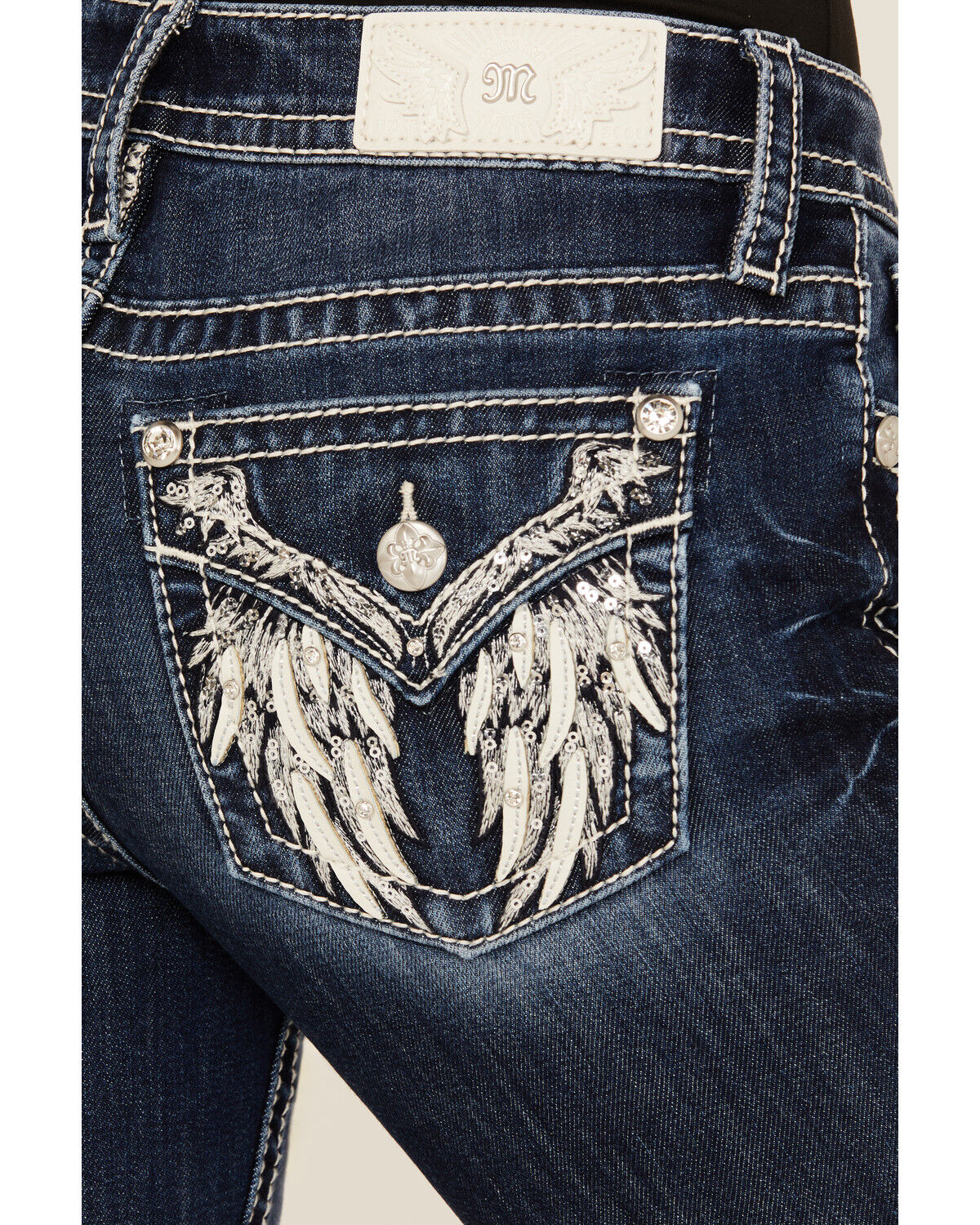 Miss Me Women's Dark Wash Mid Rise Feather Pocket Bootcut Stretch Denim Jeans