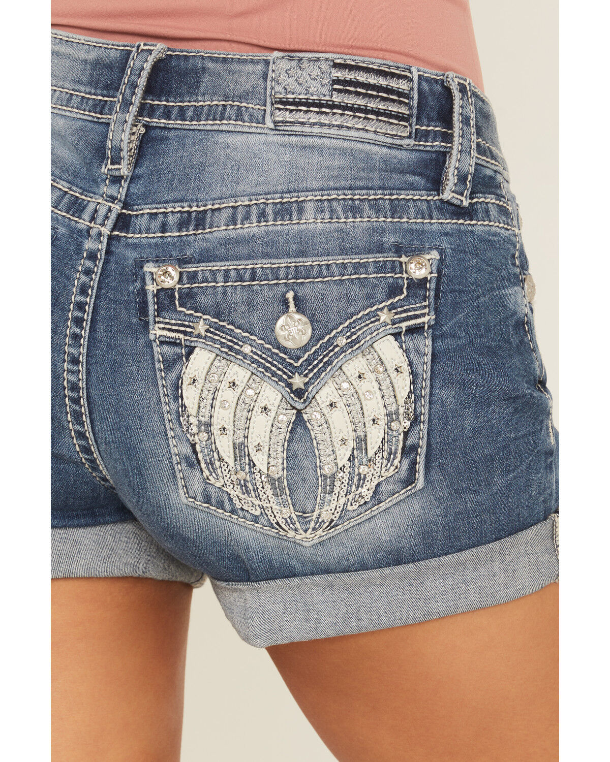 Miss Me Women's Medium Wash Mid Rise Rolled Hem Denim Shorts