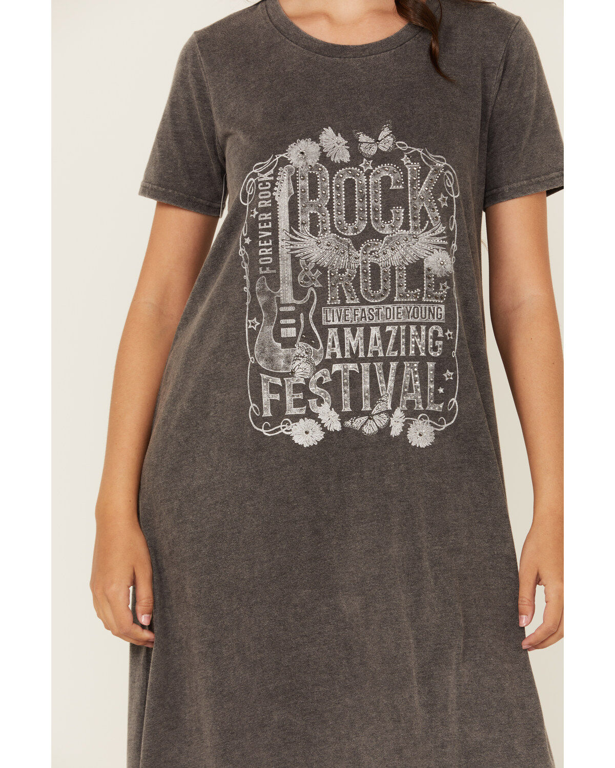 Blended Women's Rock & Roll Short Sleeve Graphic Midi T-Shirt Dress