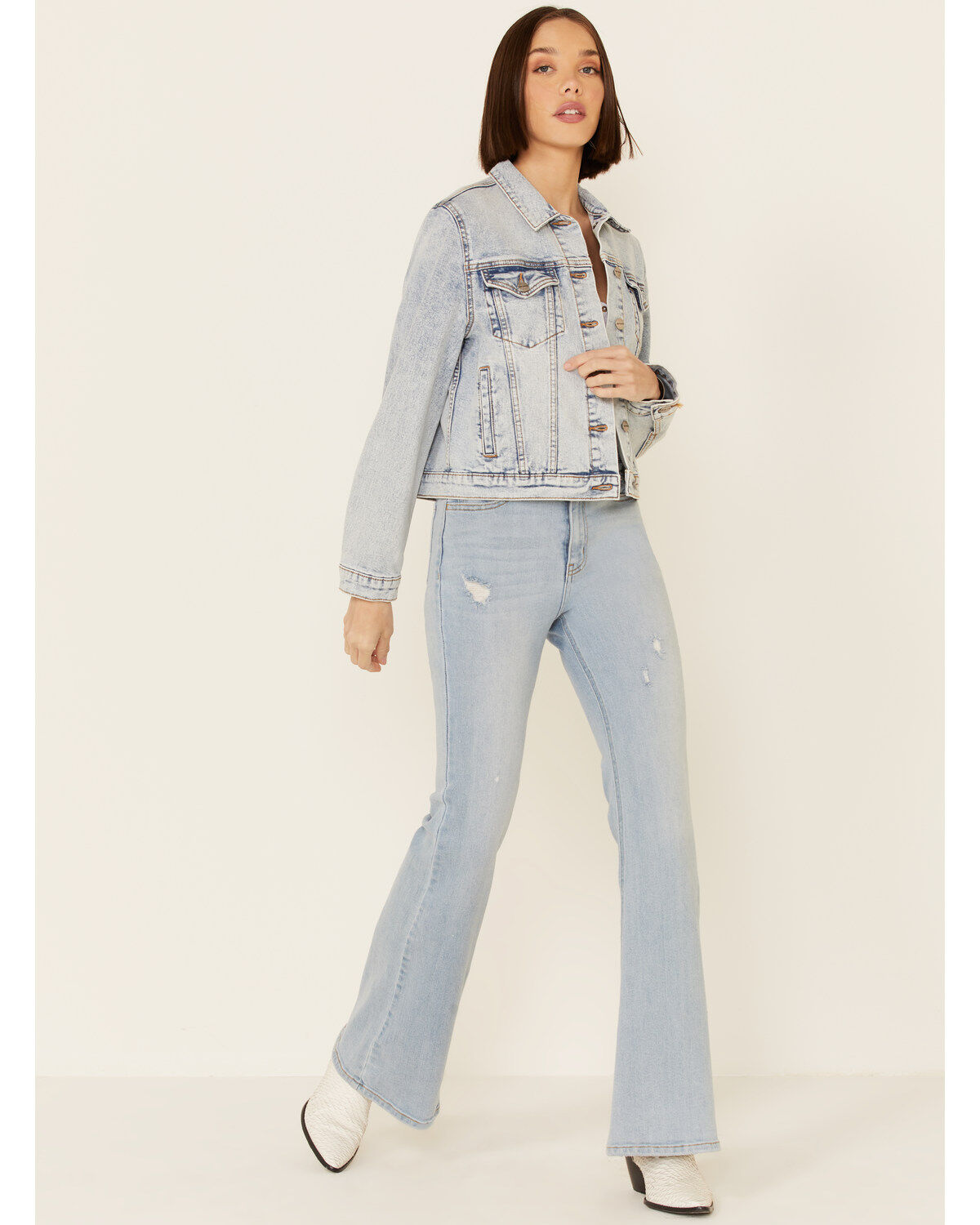 Driftwood Women's Light Wash Patchwork Cropped Button-Front Denim Jacket