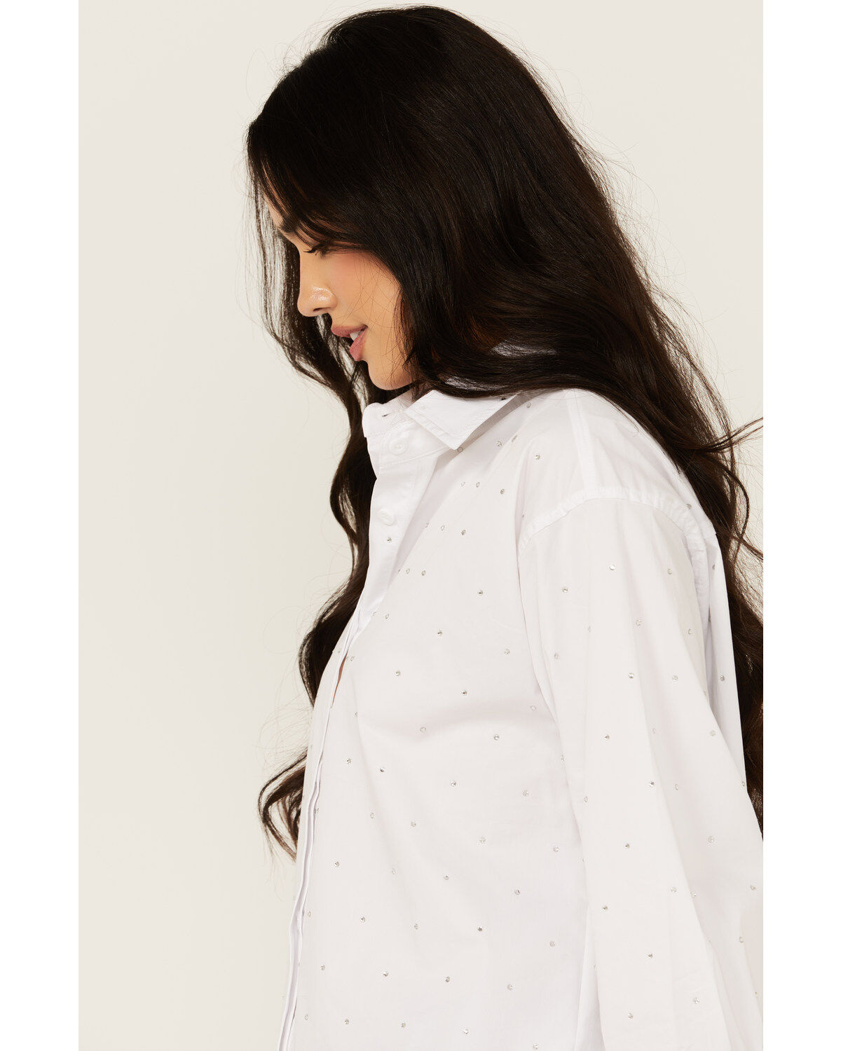 Blue B Women's Solid Rhinestone Long Sleeve Button-Down Shirt