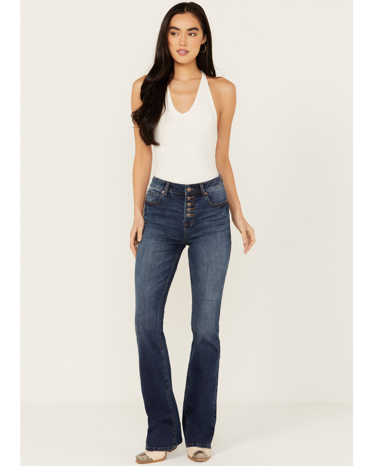 Shyanne Women's Celeste Dark Wash High Rise Seamed Back Stretch Bootcut Jeans