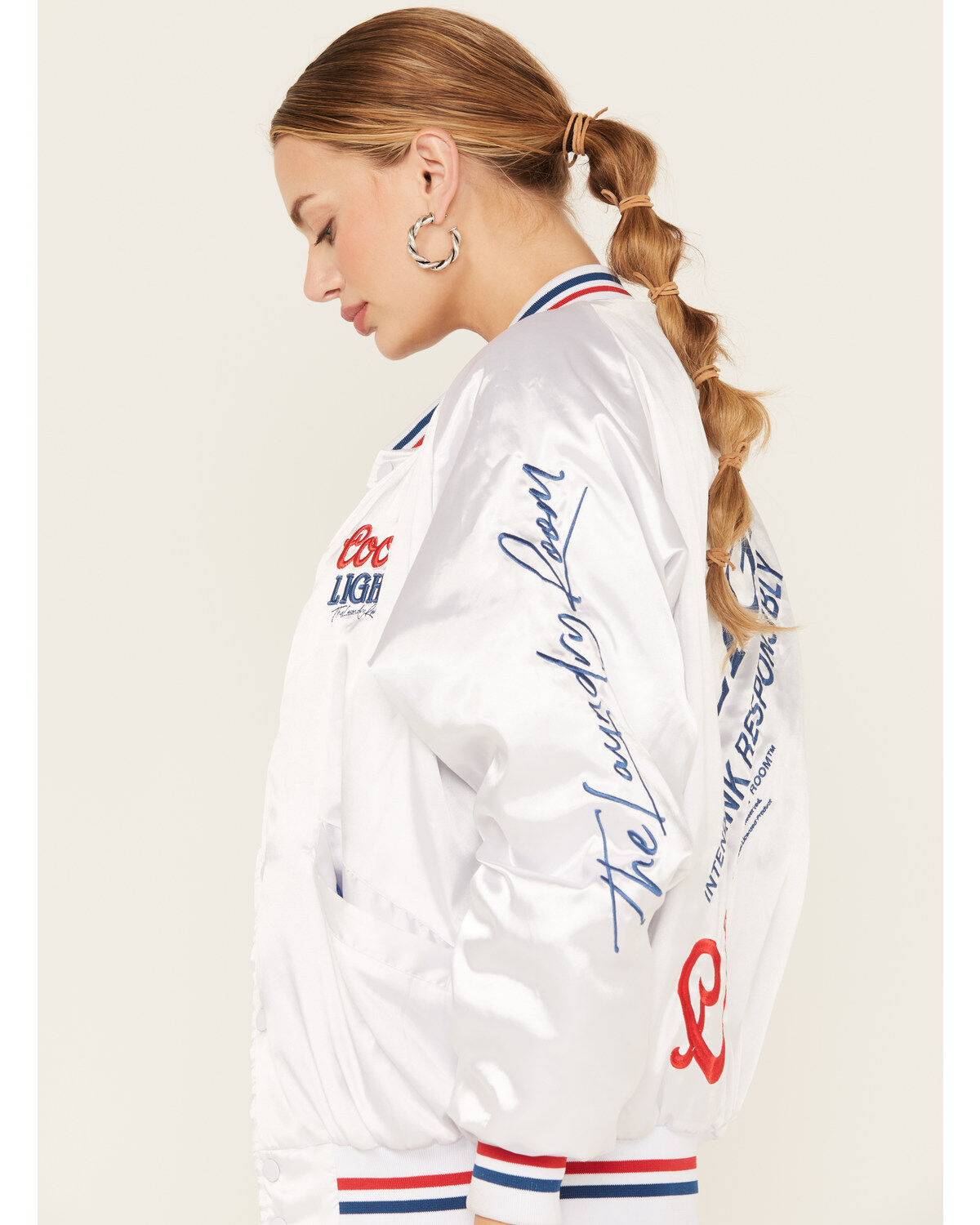 The Laundry Room Women's Faux Satin Coors Light Bomber Jacket