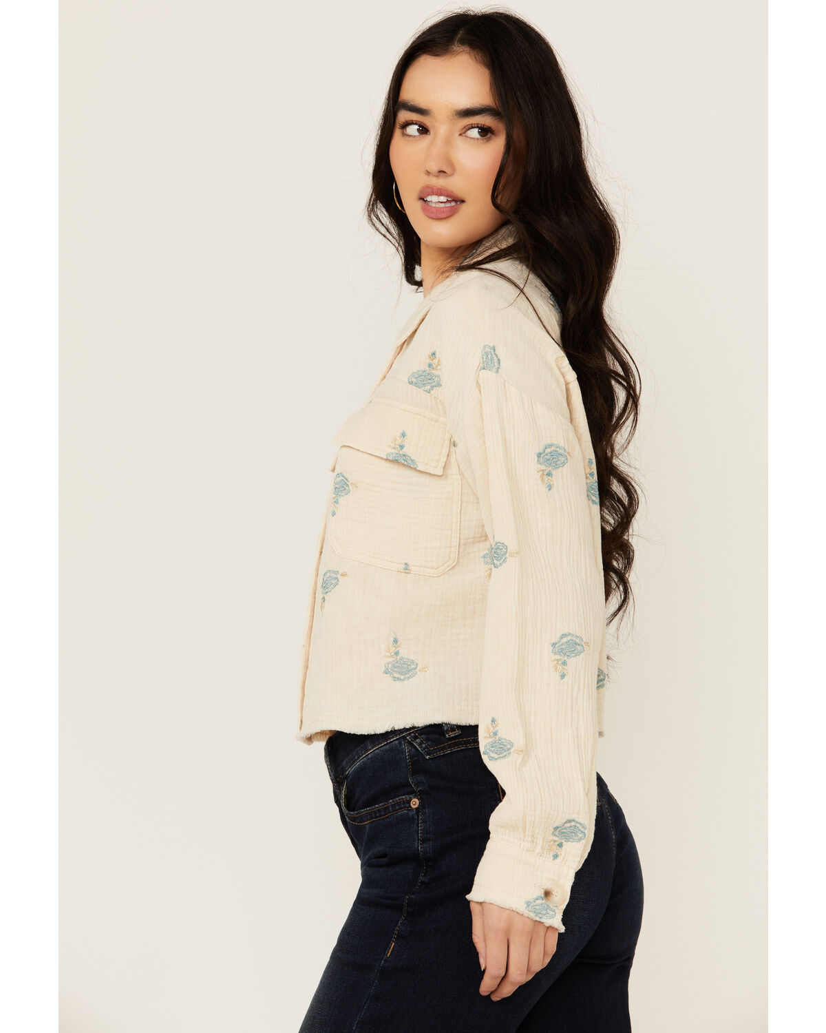 Mystree Women's Floral Embroidered Long Sleeve Button-Down Shirt