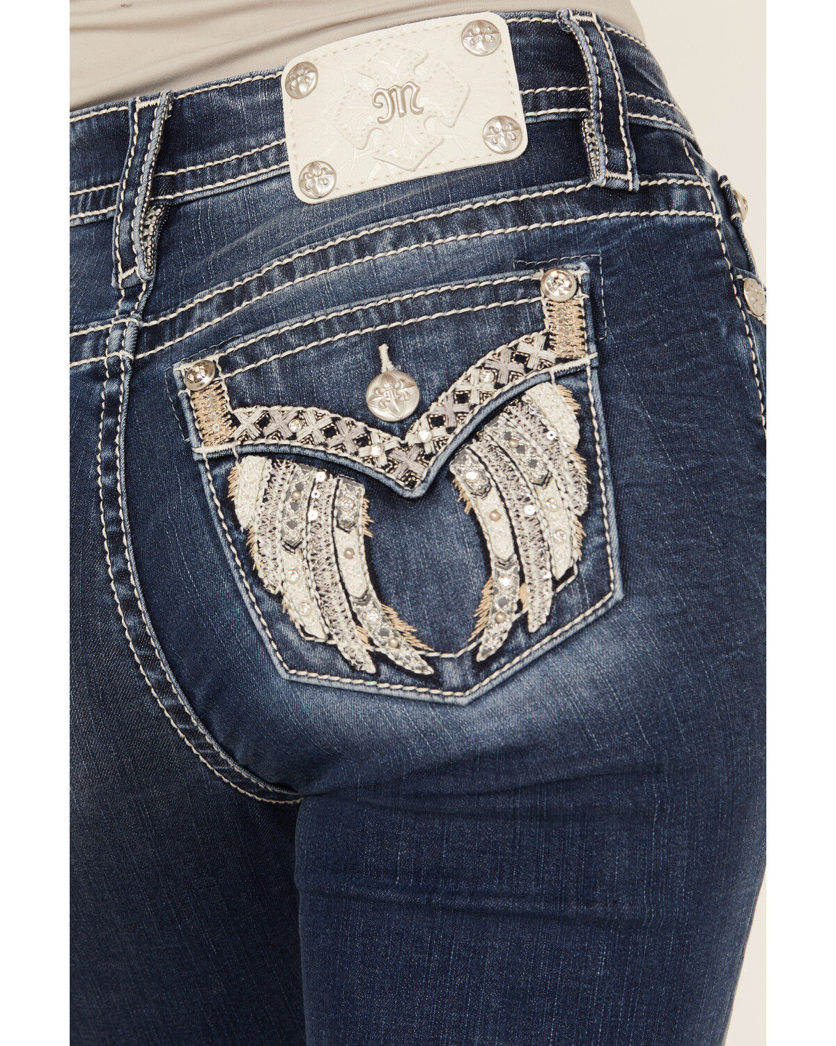 Miss Me Women's Dark Wash Mid Rise Winged Pocket Bootcut Stretch Denim Jeans