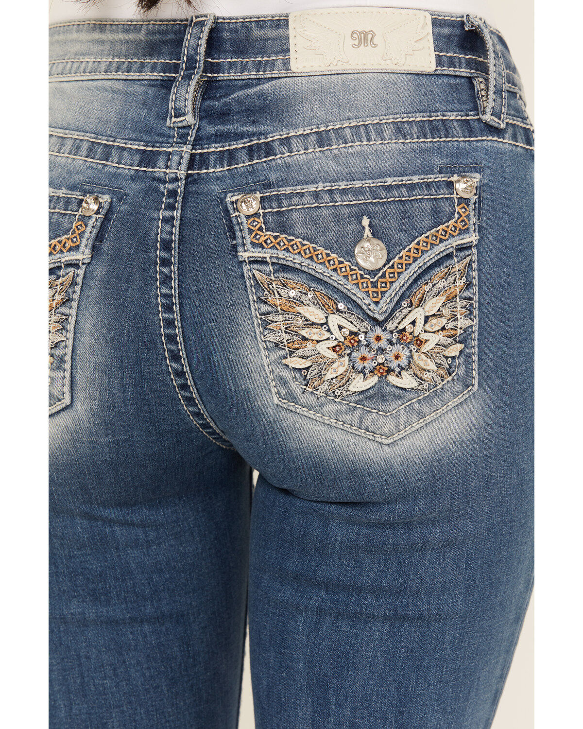 Miss Me Women's Medium Wash Mid Rise Wing Pocket Bootcut Stretch Denim Jeans