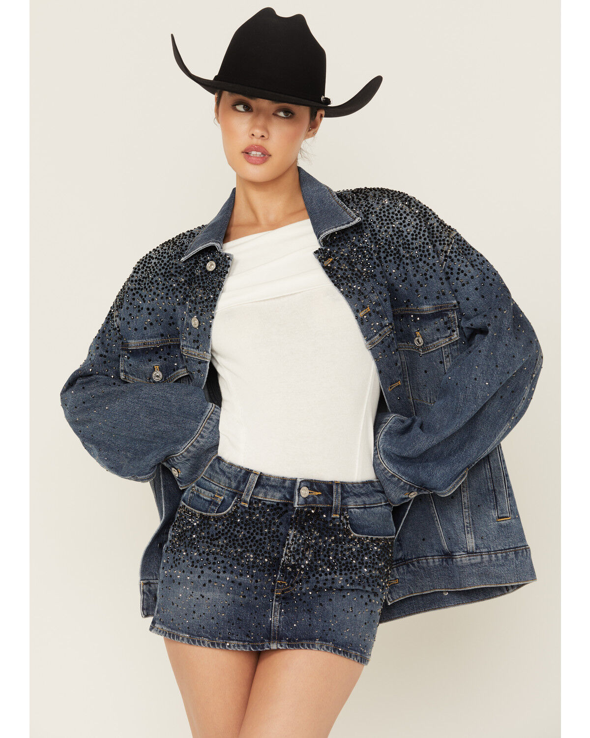 7 For All Mankind Women's Candy Oil Dark Wash Oversized Embellished Trucker Denim Jacket