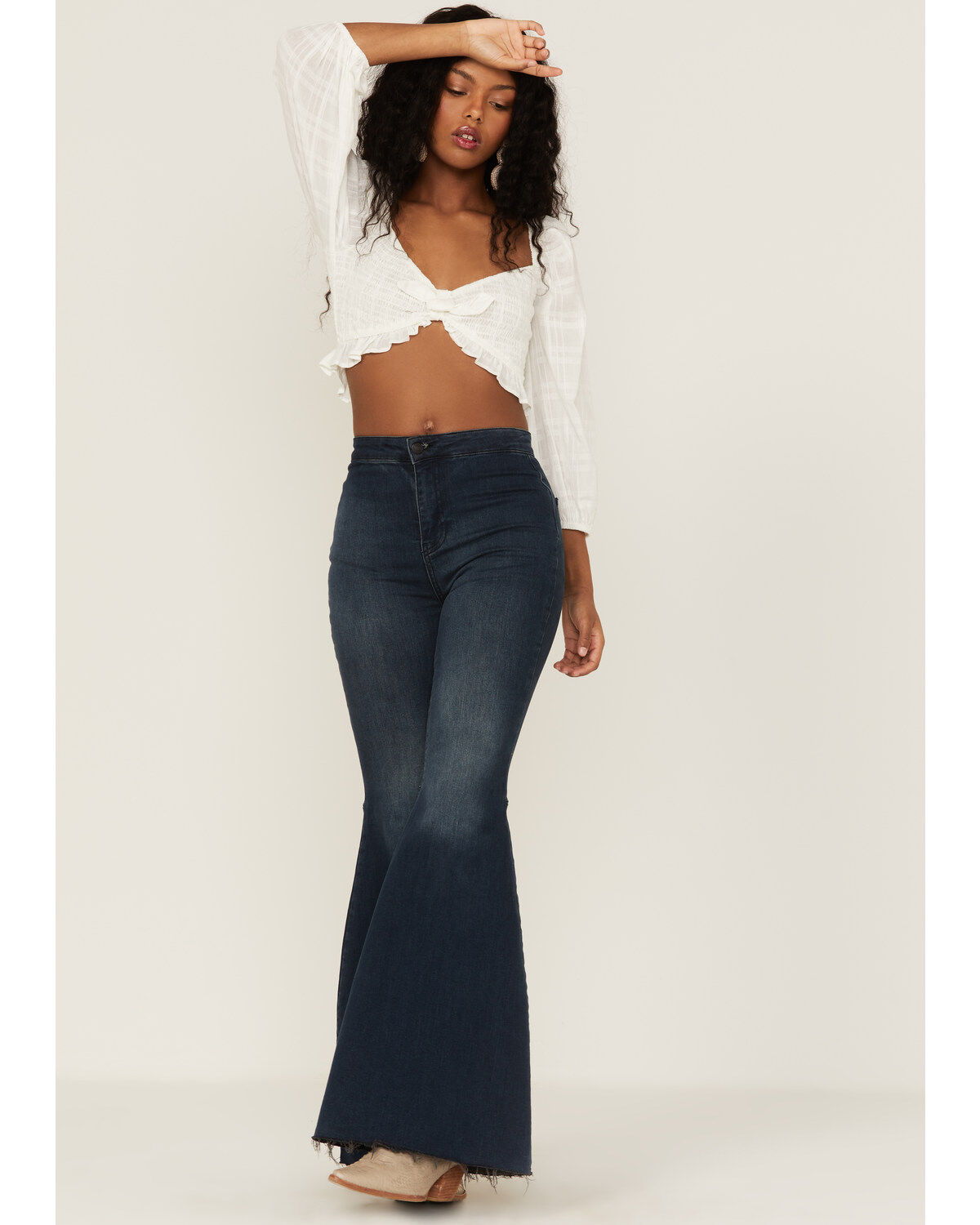 Lush Women's Long Sleeve Smocked Tie Front Blouse