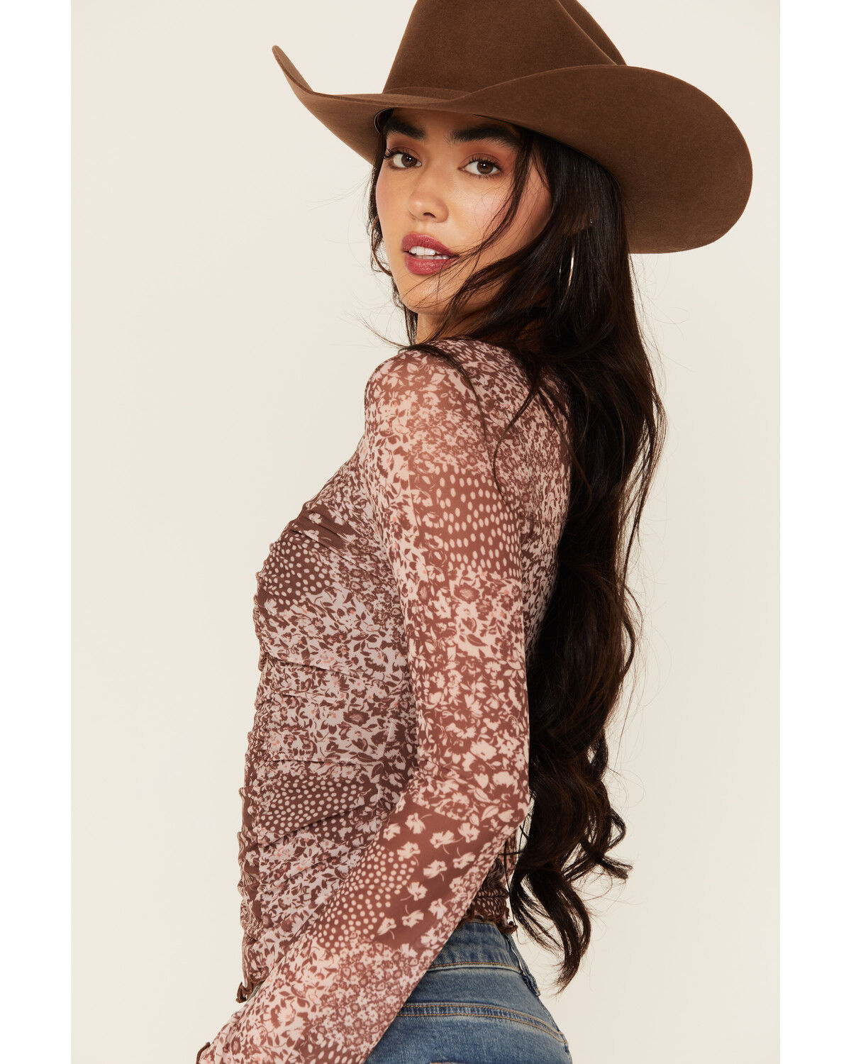 Trixxi Women's Floral Mesh Long Sleeve Seamed Top