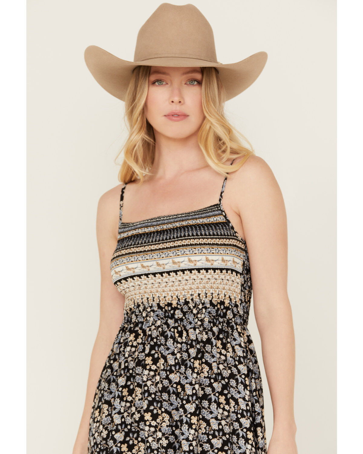 Wild Moss Women's Border Print Smocked Front Midi Dress