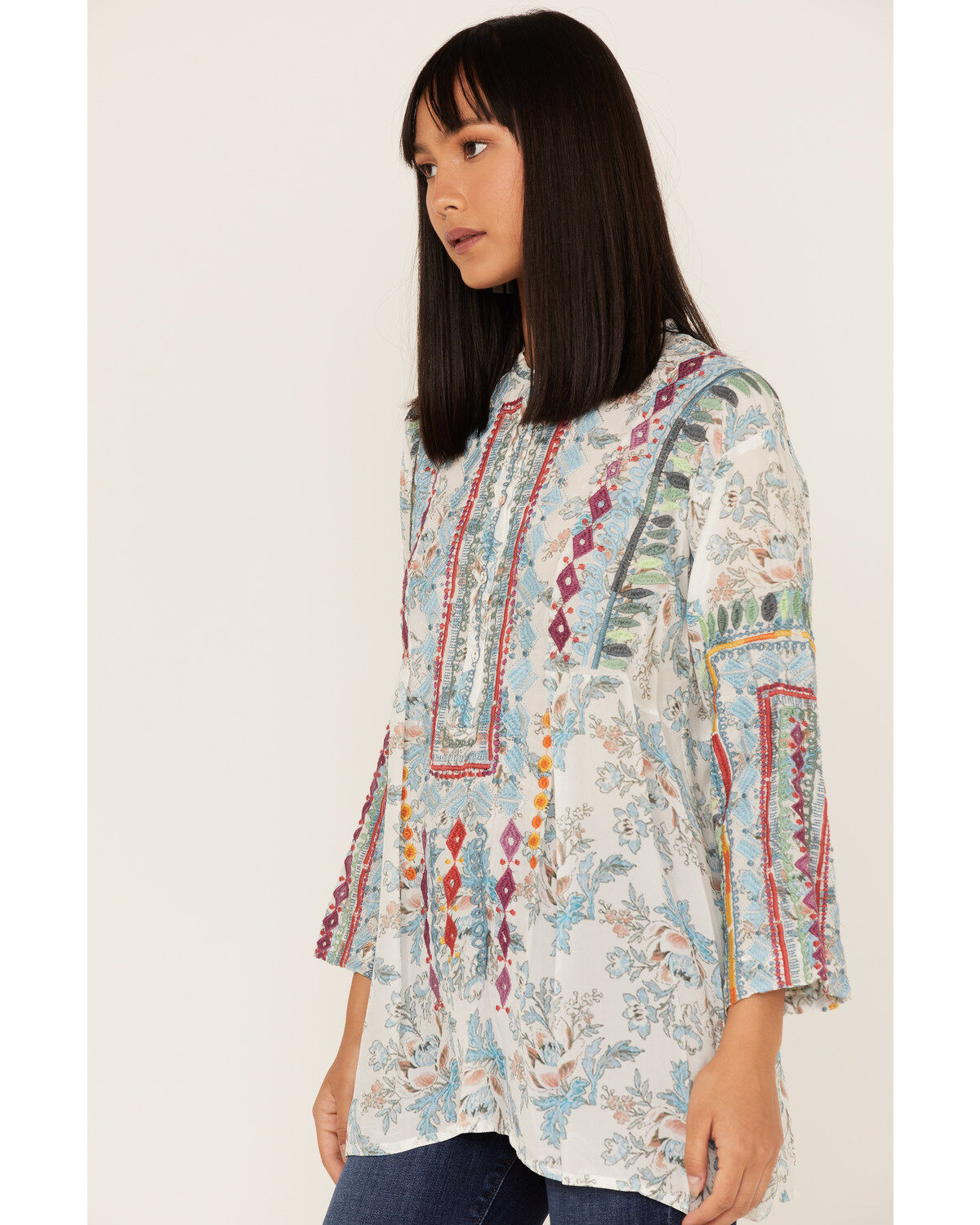 Johnny Was Women's Isla Embroidered Floral Print Tunic Blouse