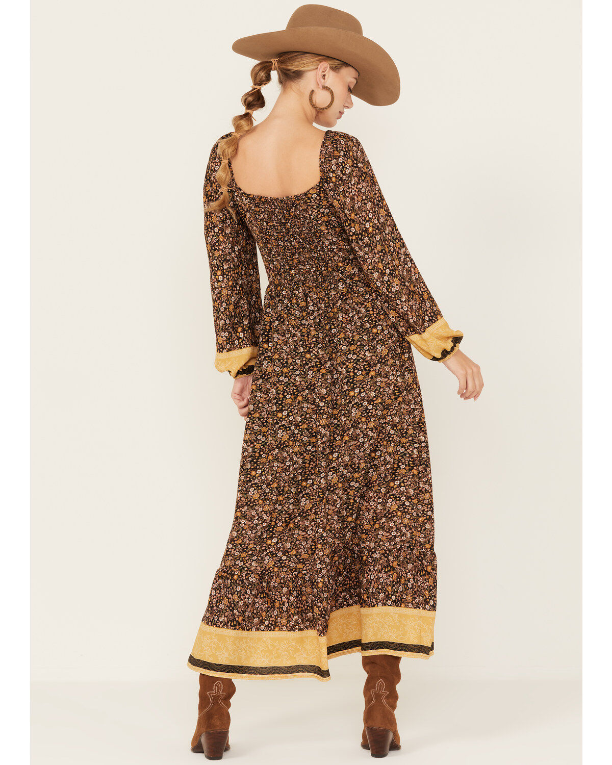 Wild Moss Women's Floral Border Print Long Sleeve Maxi Dress