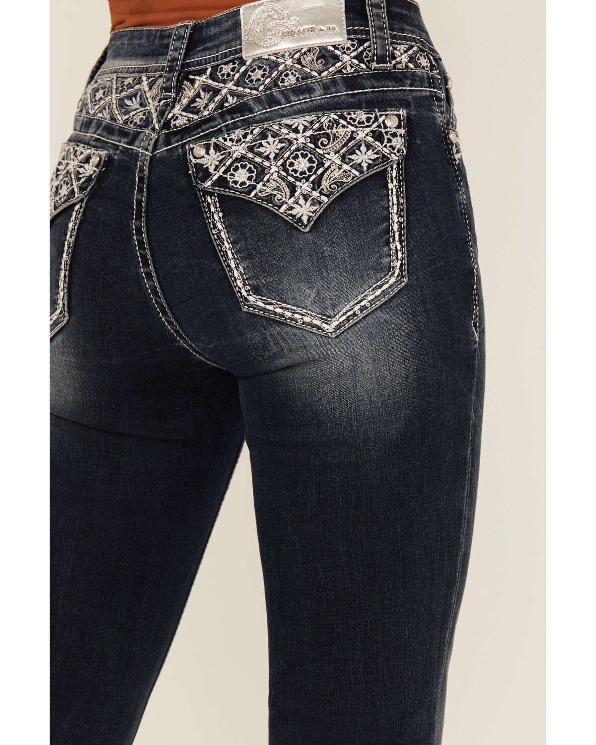 Grace In LA Women's Dark Wash Floral Paisley Embroidered Mid Rise Bootcut Stretch Denim Jeans
