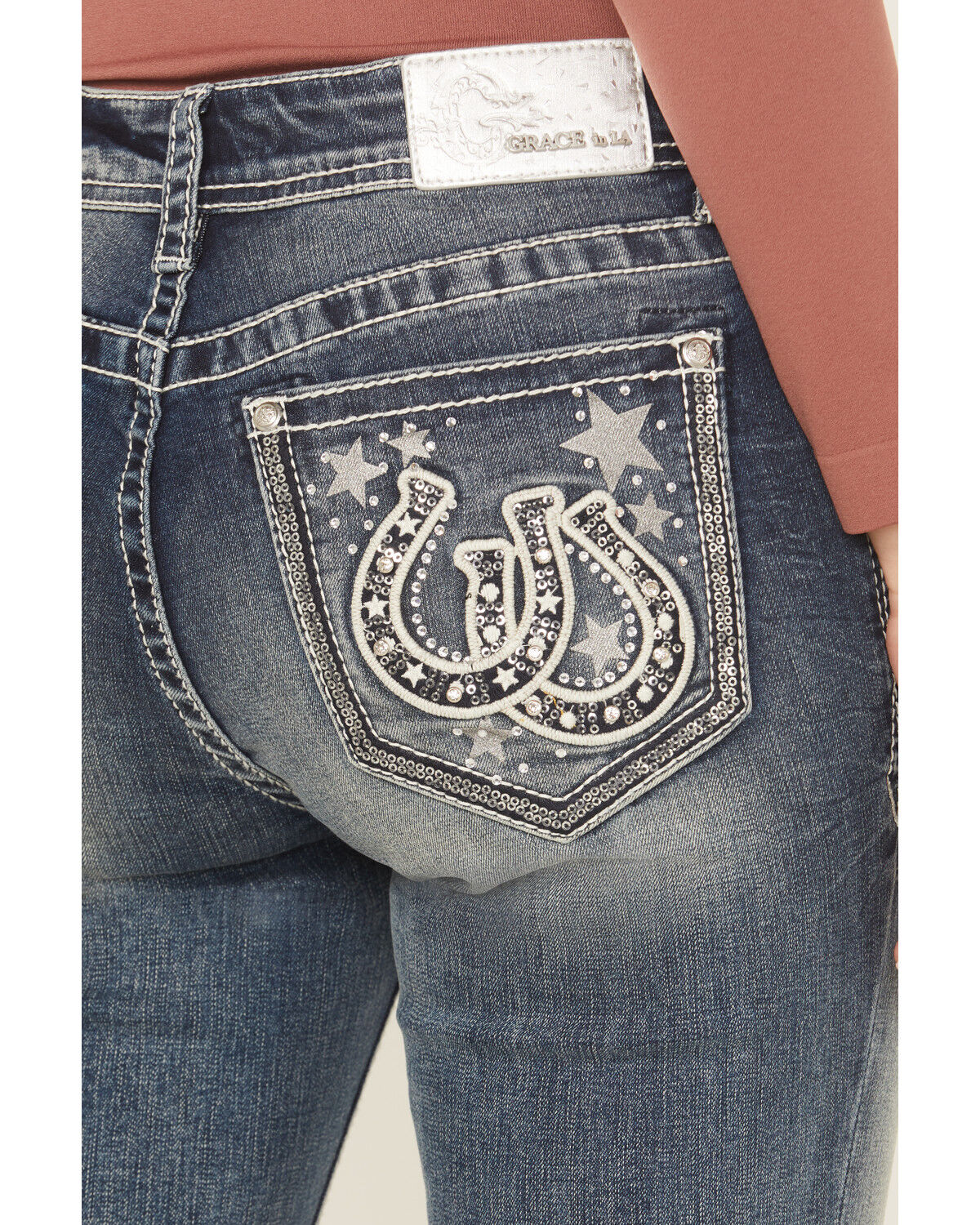 Grace In LA Women's Medium Wash Mid Rise Star Horseshoe Bootcut Stretch Denim Jeans