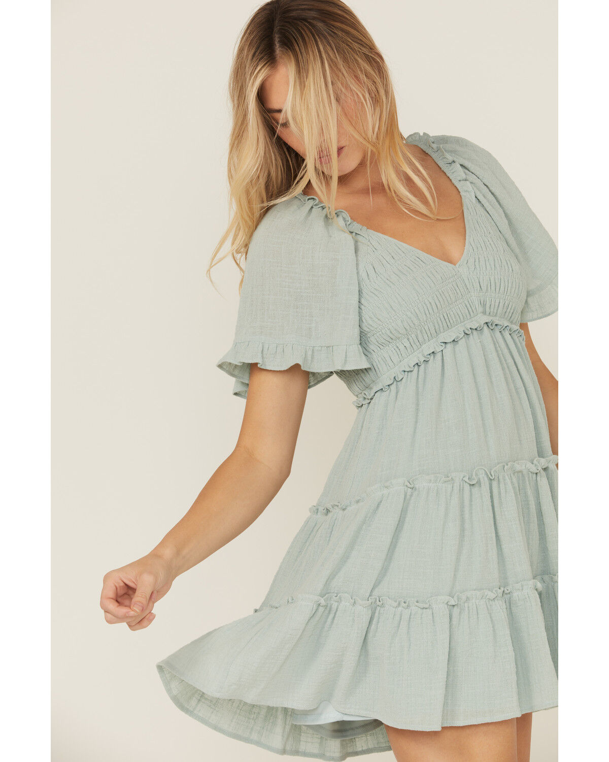 Yura Women's Solid Smocked Short Sleeve Mini Dress