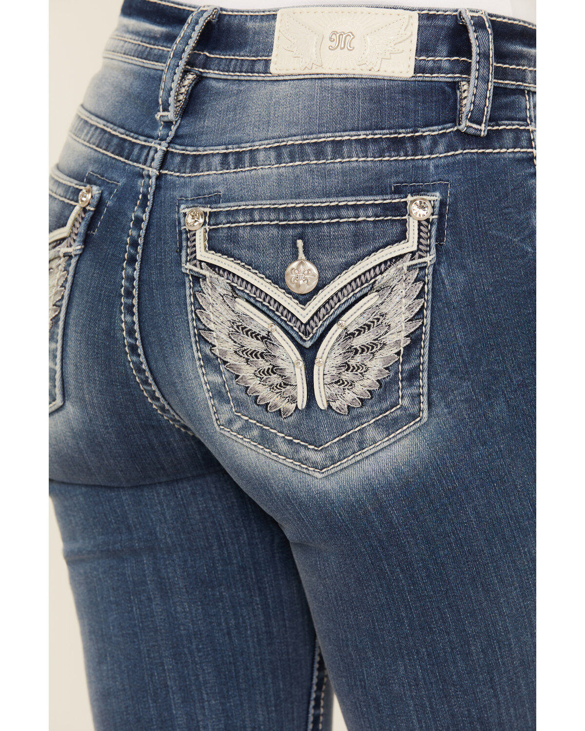 Miss Me Women's Medium Wash Mid Rise Wing Pocket Bootcut Stretch Denim Jeans