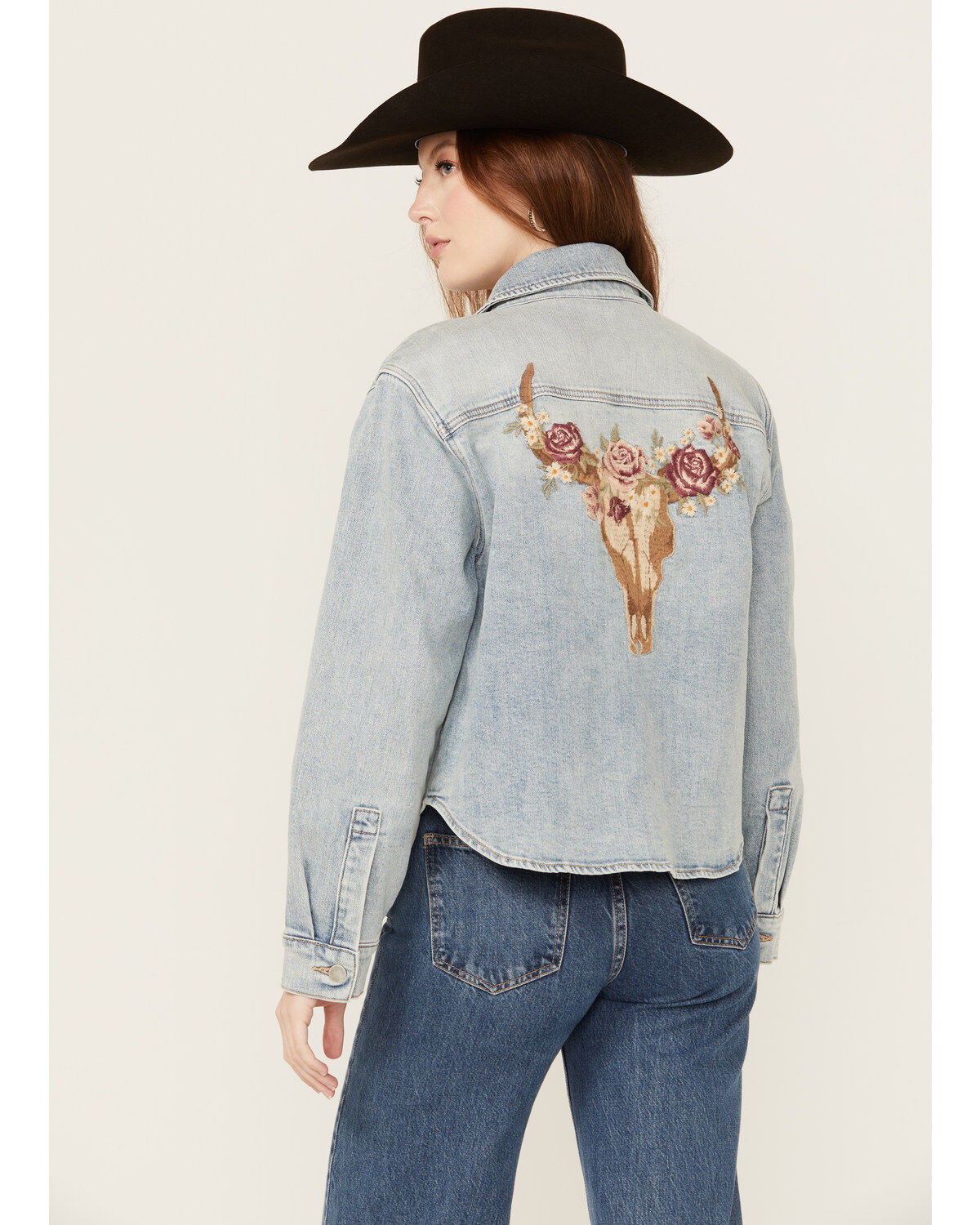 Driftwood Women's Light Wash Embroidered Steer Head Denim Shacket