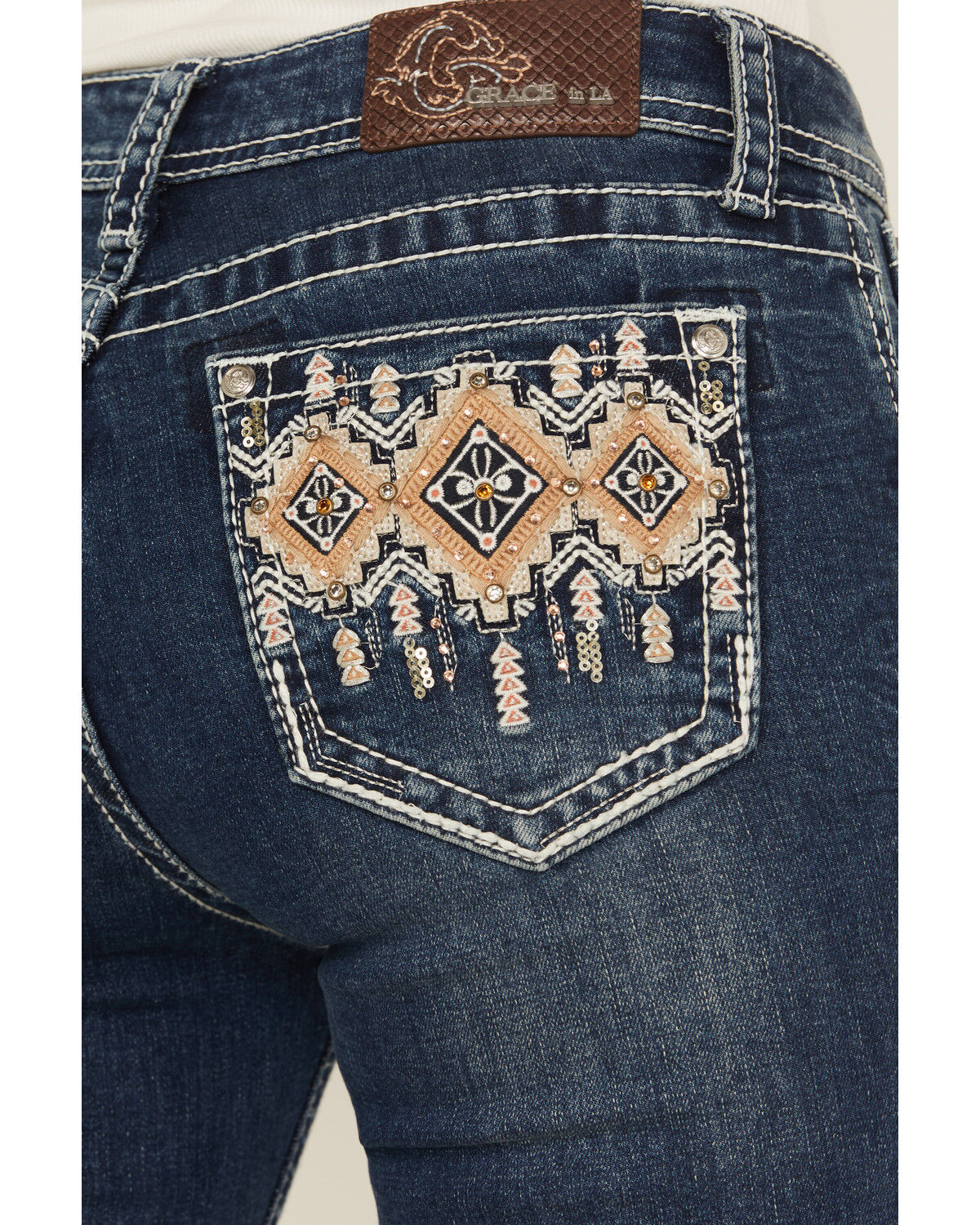 Grace in LA Women's Medium Wash Diamond Embroidered Mid Rise Bootcut Stretch Denim Jeans