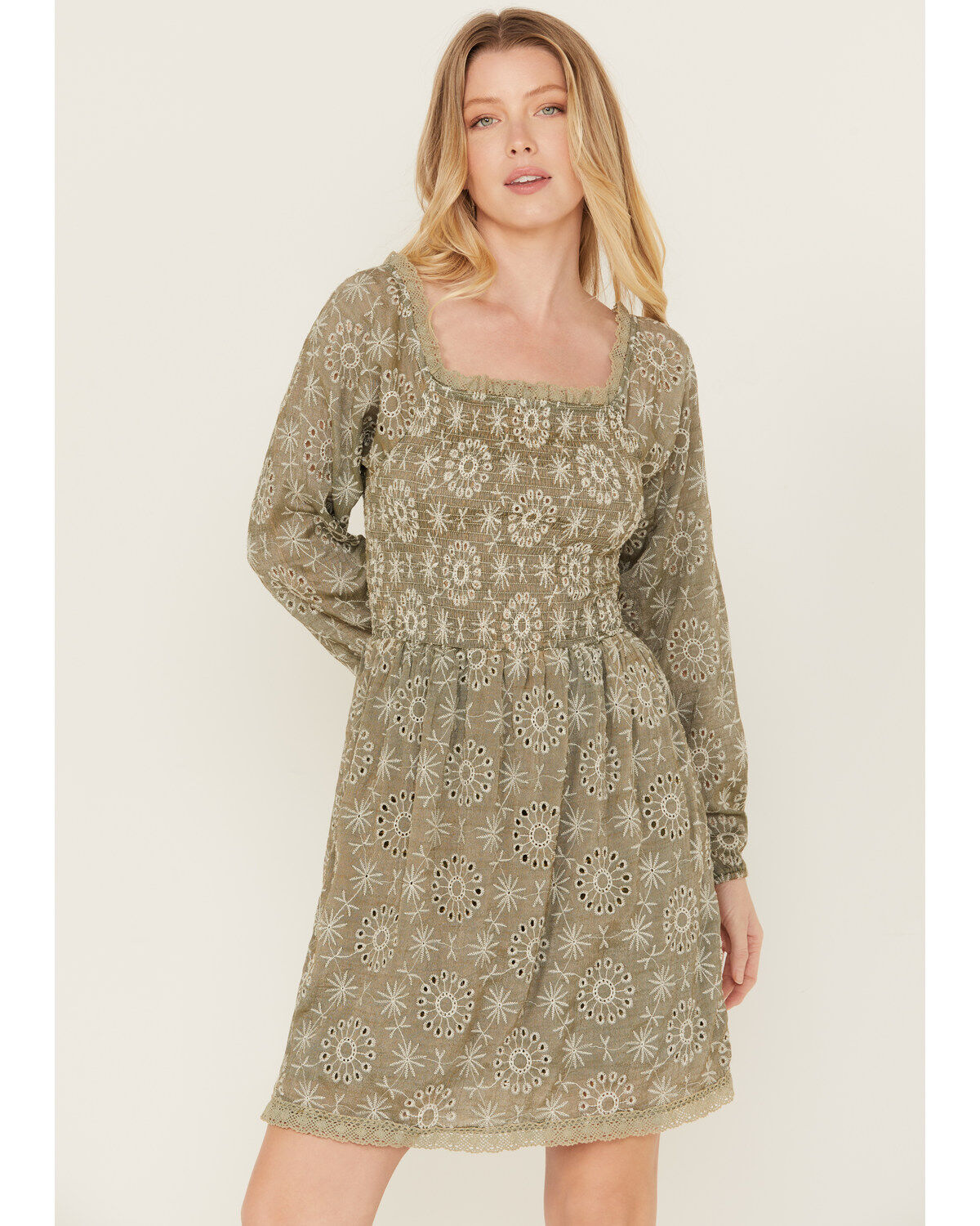 Wild Moss Women's Mineral Wash Smocked Long Sleeve Mini Dress