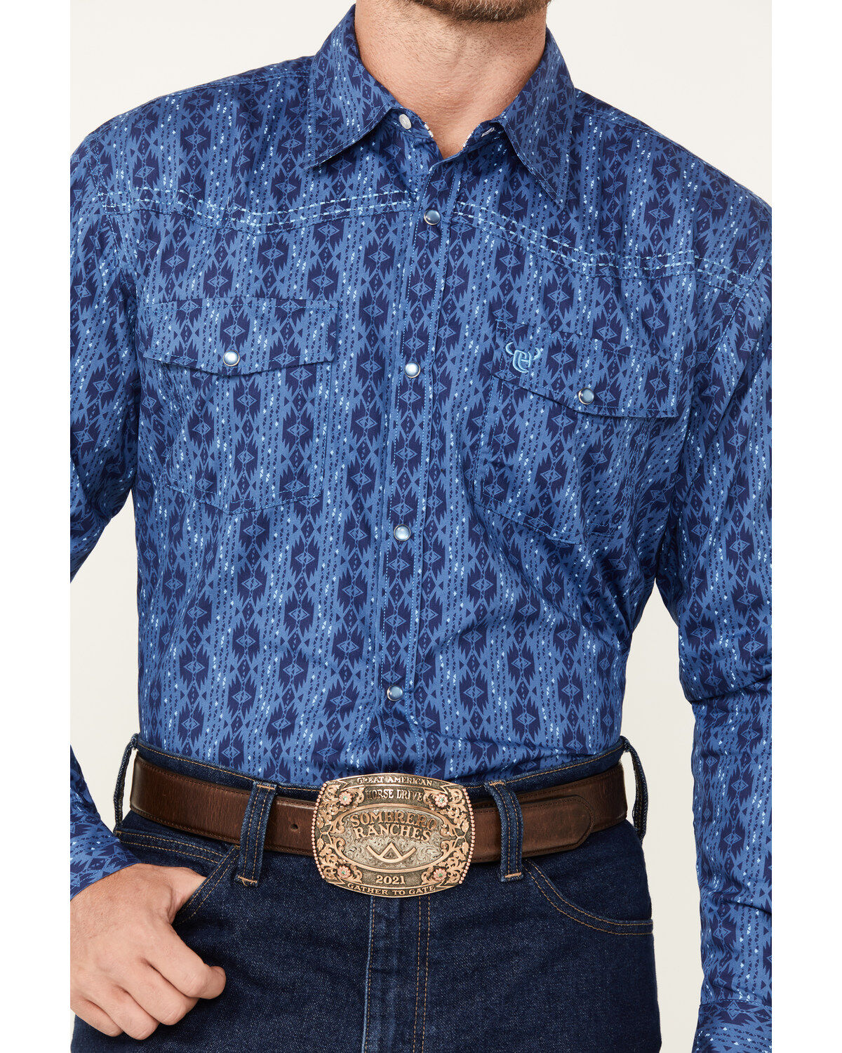 Cowboy Hardware Men's Tonal Southwestern Print Long Sleeve Pearl Snap Western Shirt