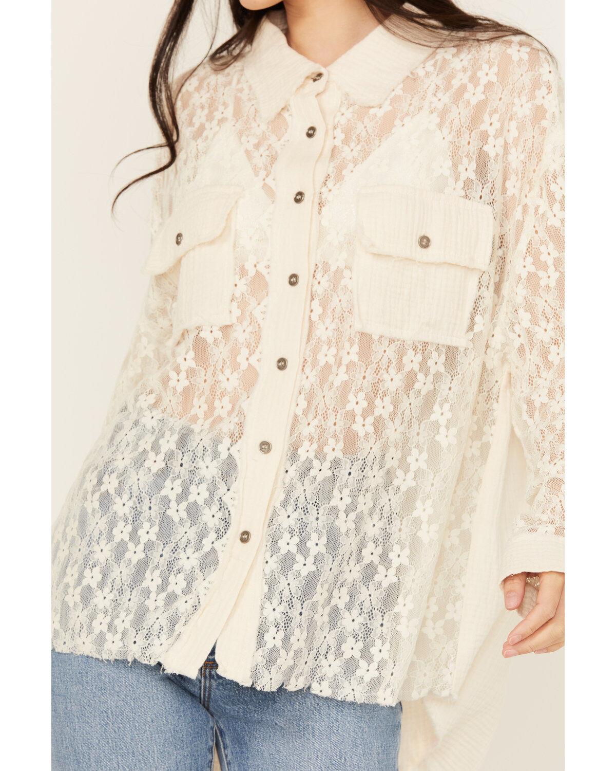 People of Leisure Women's Floral Lace Long Sleeve Button-Down Shirt