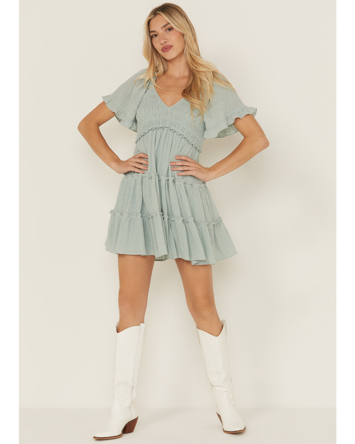 Yura Women's Solid Smocked Short Sleeve Mini Dress