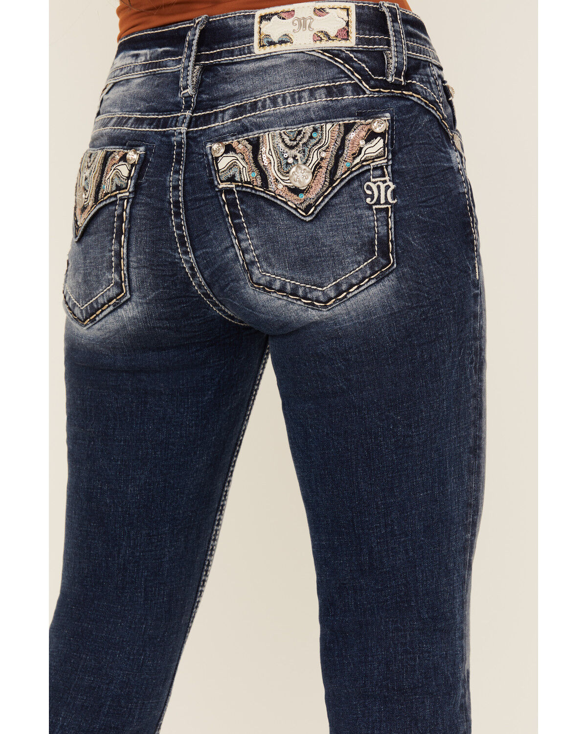 Miss Me Women's Dark Wash Mid Rise Agate Pocket Bootcut Stretch Denim Jeans