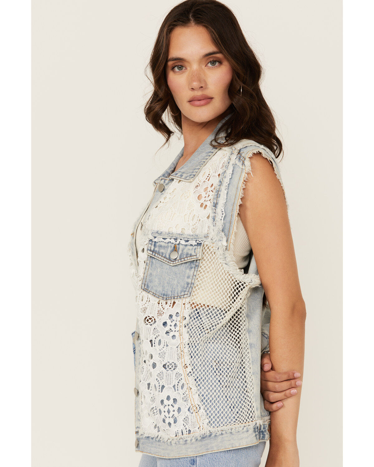 POL Women's Denim Lace Button-Down Vest