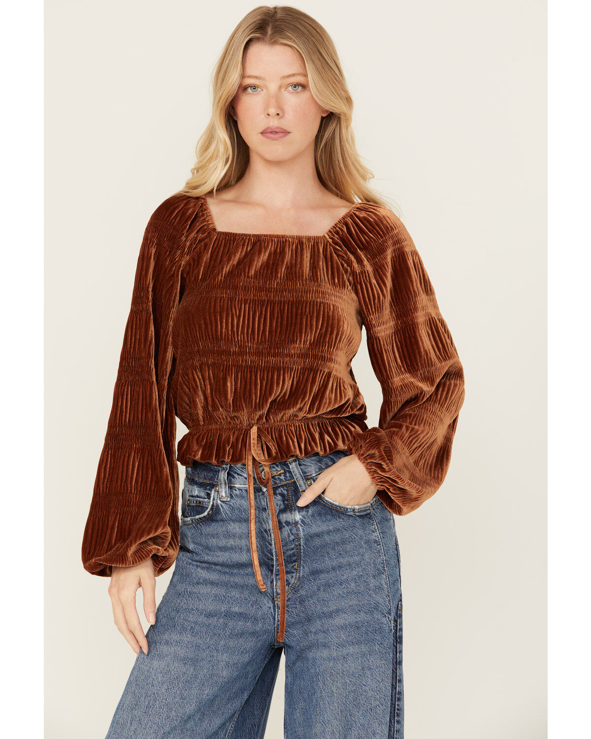 Rock & Roll Denim Women's Velvet Cinch Front Long Sleeve Blouse