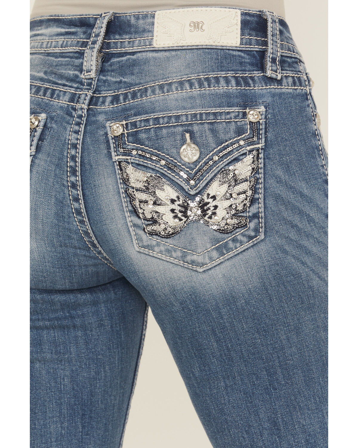 Miss Me Women's Medium Wash Mid Rise Butterfly Pocket Bootcut Stretch Denim Jeans - Long