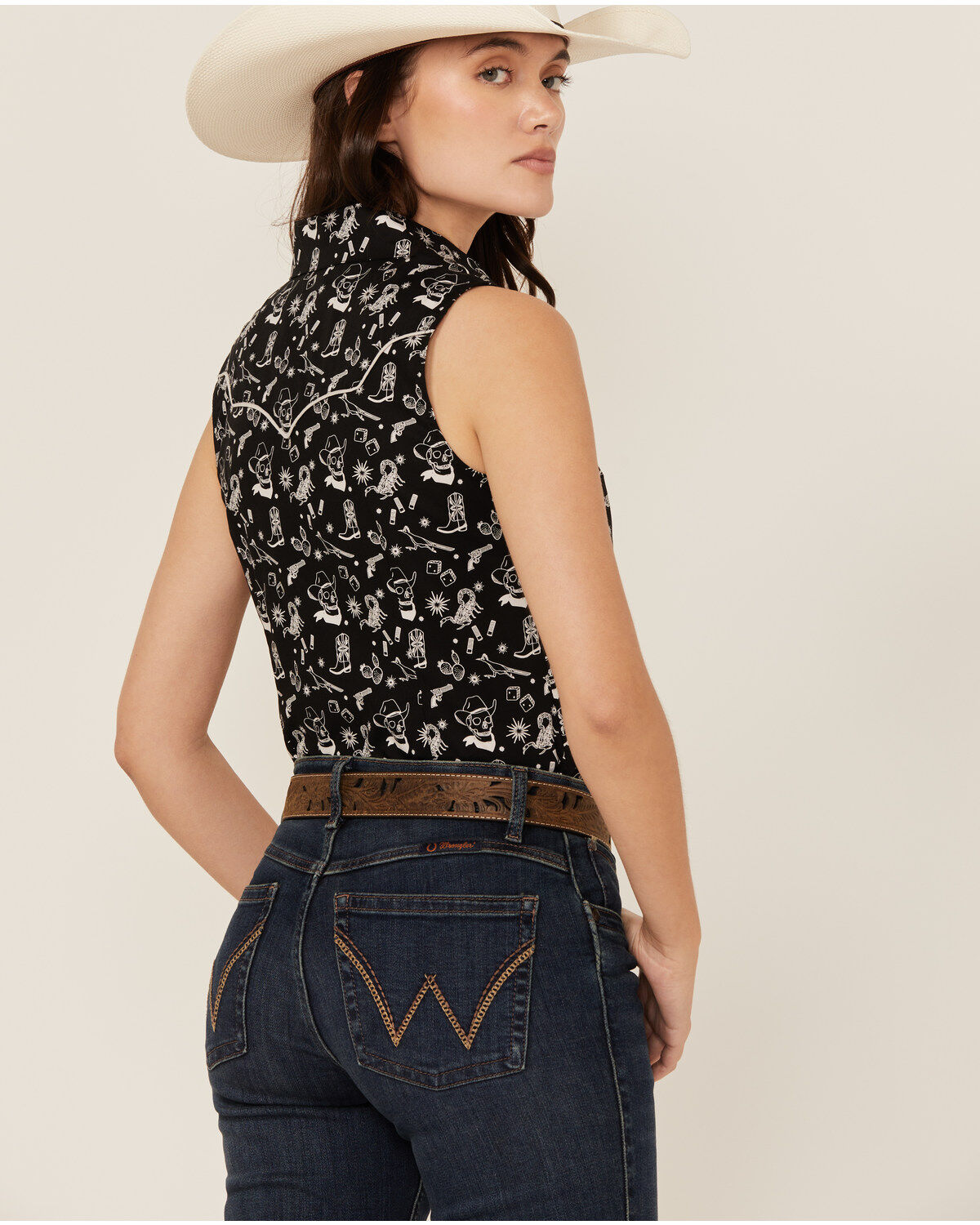 Rock & Roll Denim Women's Tattoo Print Sleeveless Snap Western Shirt