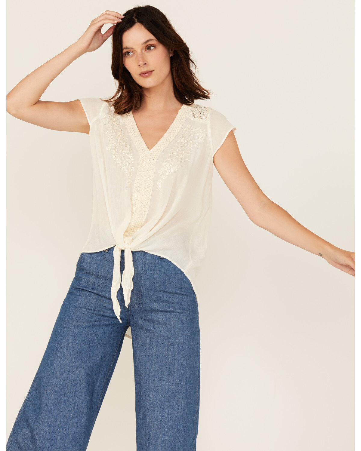 Nostalgia Women's Embroidered Lace Trim Tie-Front Top