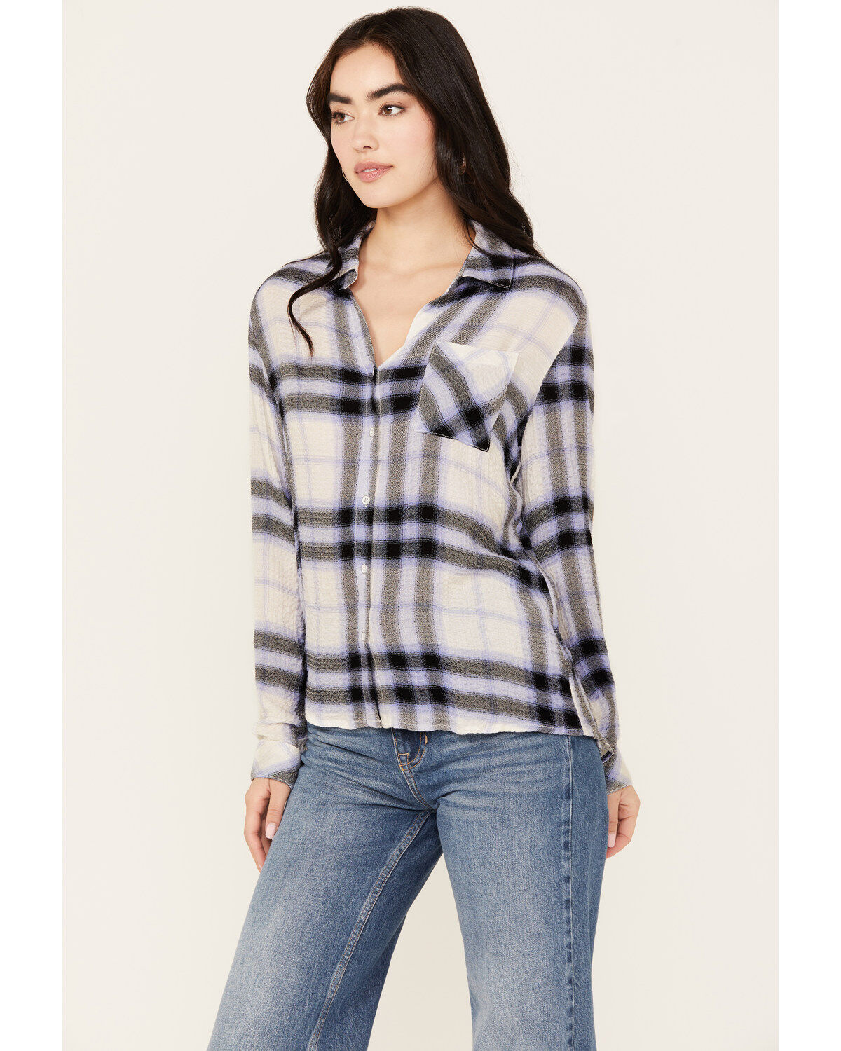 North River Women's Crinkle Ryn Lavender Plaid Shirt