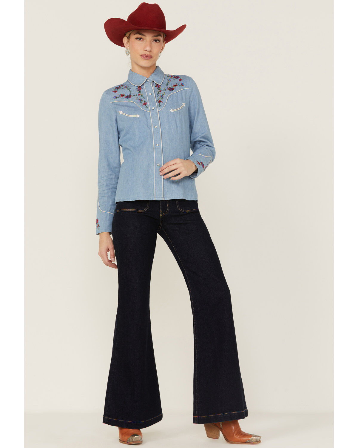 Scully Women's Chambray Floral Embroidered Yoke Pearl Snap Western Shirt