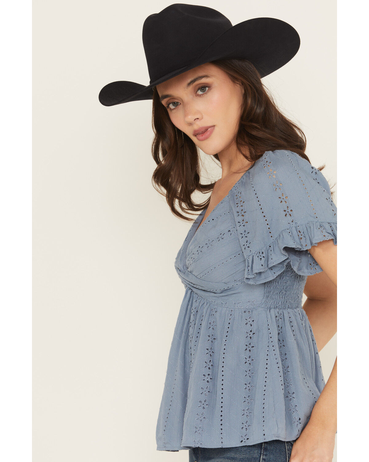 Angie Women's Eyelet Short Puff Sleeve Shirt