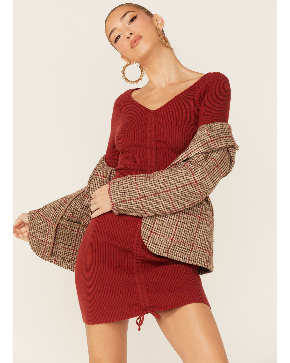 Lush Women's Long Sleeve Drawstring Sweater Mini Dress