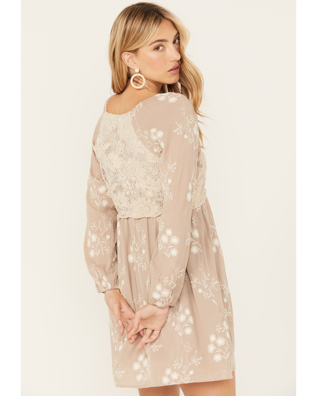 Wild Moss Women's Floral Embroidered Long Sleeve Mini Dress