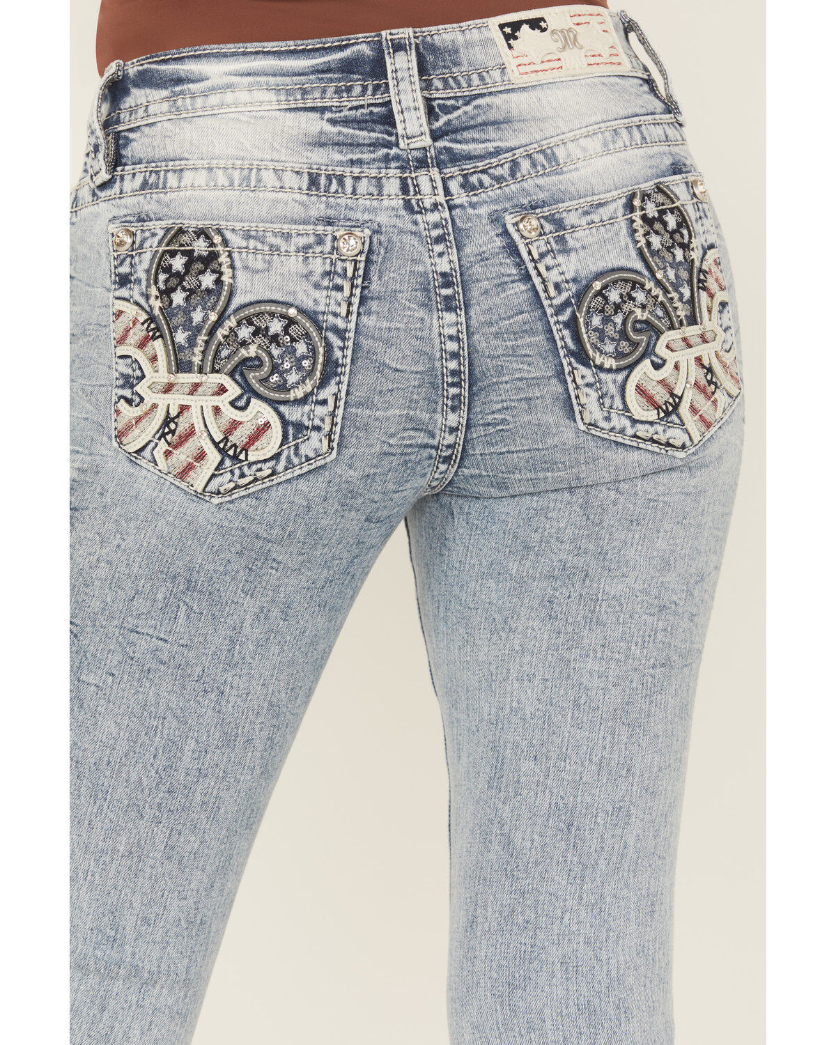 Miss Me Women's Medium Wash Mid Rise Americana Fleur de Lis Bootcut Stretch Denim Jeans