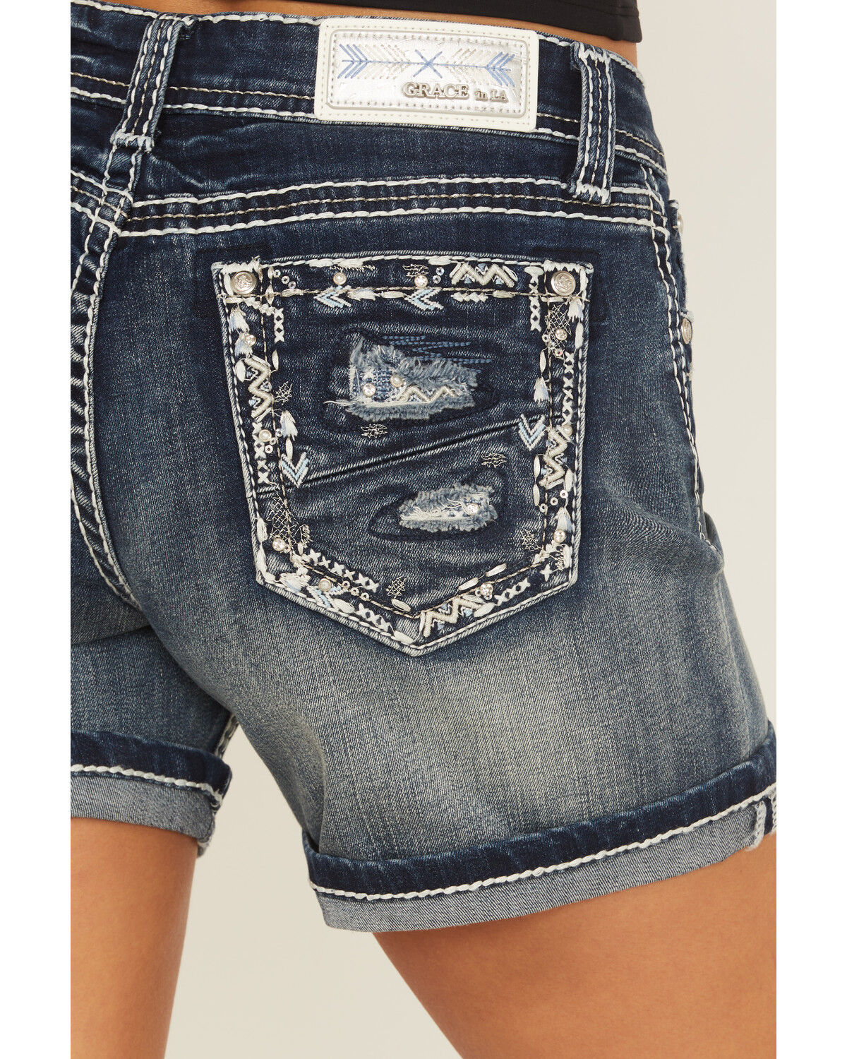 Grace In LA Women's Medium Wash Mid Rise Embroidered Stretch Denim Shorts